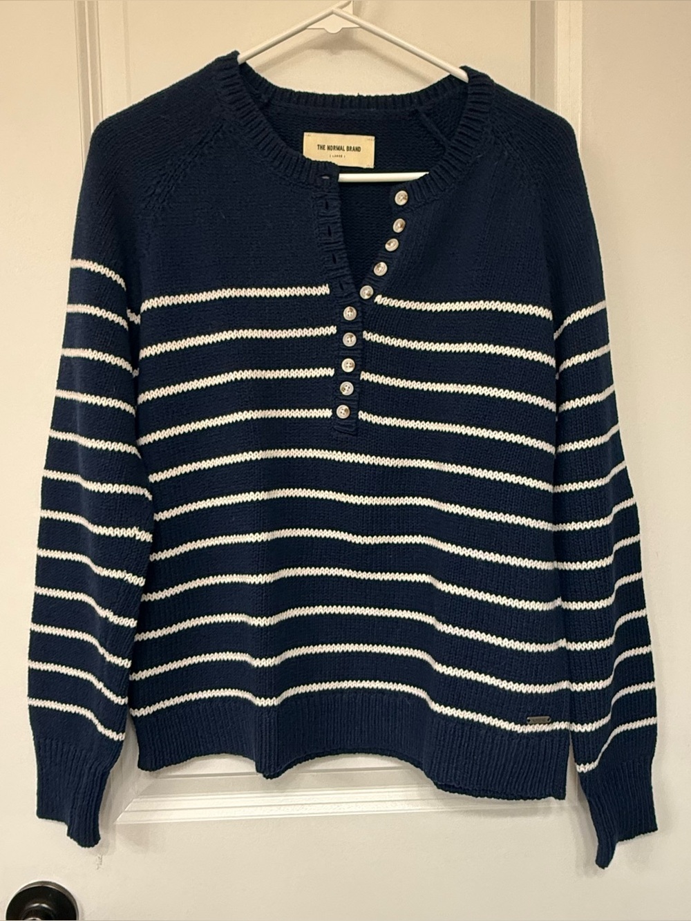 The Normal Brand Women’s Navy and White Striped Henley Sweater, Large